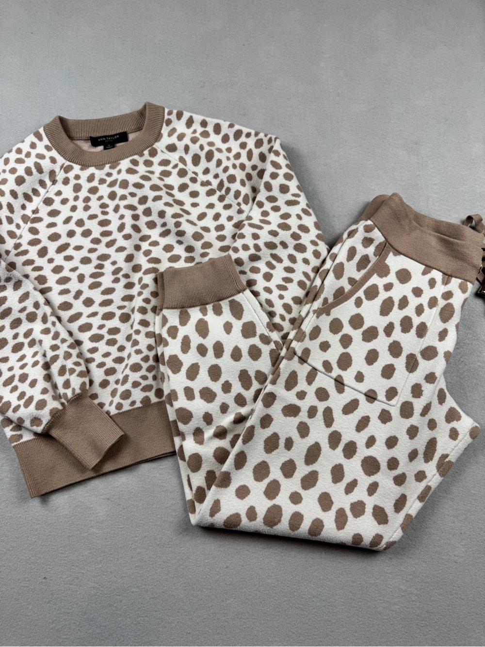 Ann Taylor Animal Print Sweater Jogger Lounge Set Women Petite Small White Brown